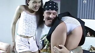 Young coeds with no tits grab giant cock and get fucked on bed